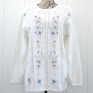 Vtg‎ Yarnworks Cable Knit Sweater L Ivory Embroidered Beaded Cottagecore Teacher